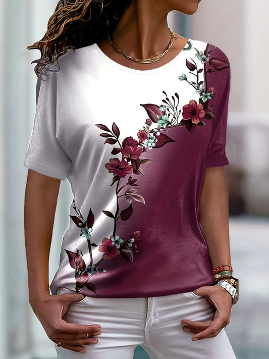 Floral Print Colorblock Crew Neck T-Shirt, Casual Short Sleeve Top For Spring & Summer, Women's Clothing