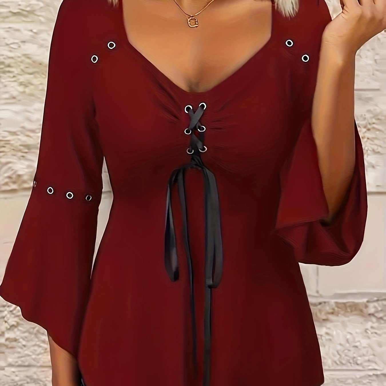 Tie Front V Neck T-Shirt, Casual 3\u002F4 Sleeve Top For Spring & Fall, Women's Clothing