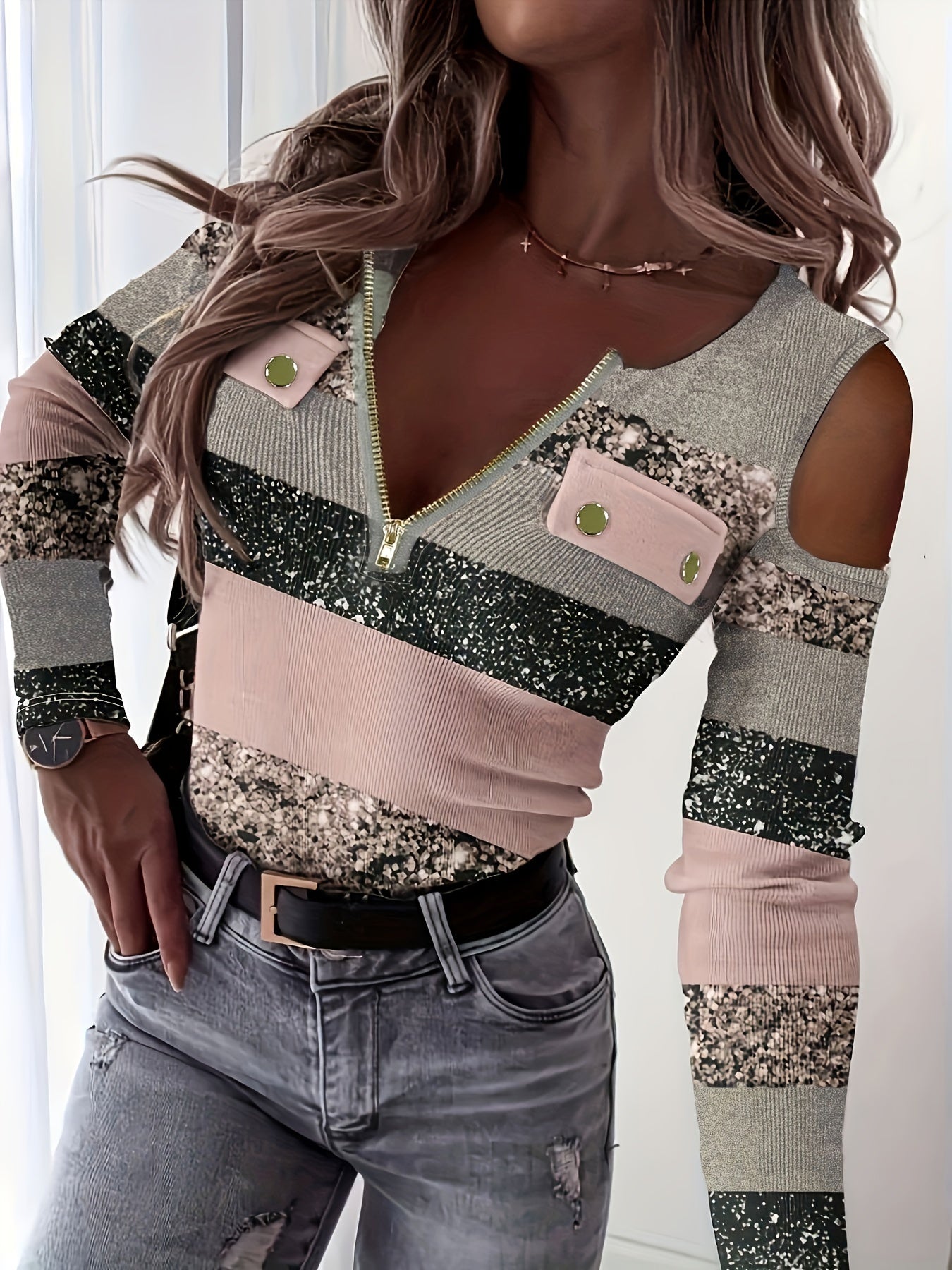 Zipper Color Block T-shirt, Casual Cold Shoulder Long Sleeve T-shirt, Women's Clothing