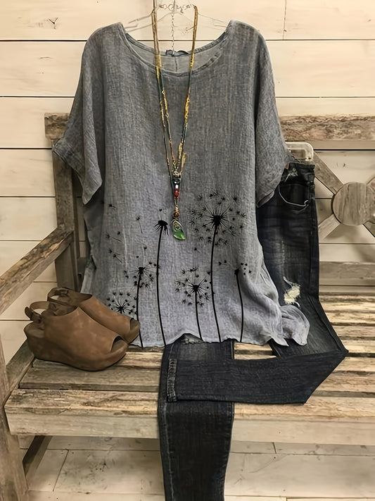 Dandelion Print Crew Neck T-Shirt, Casual Short Sleeve Top For Spring & Summer, Women's Clothing