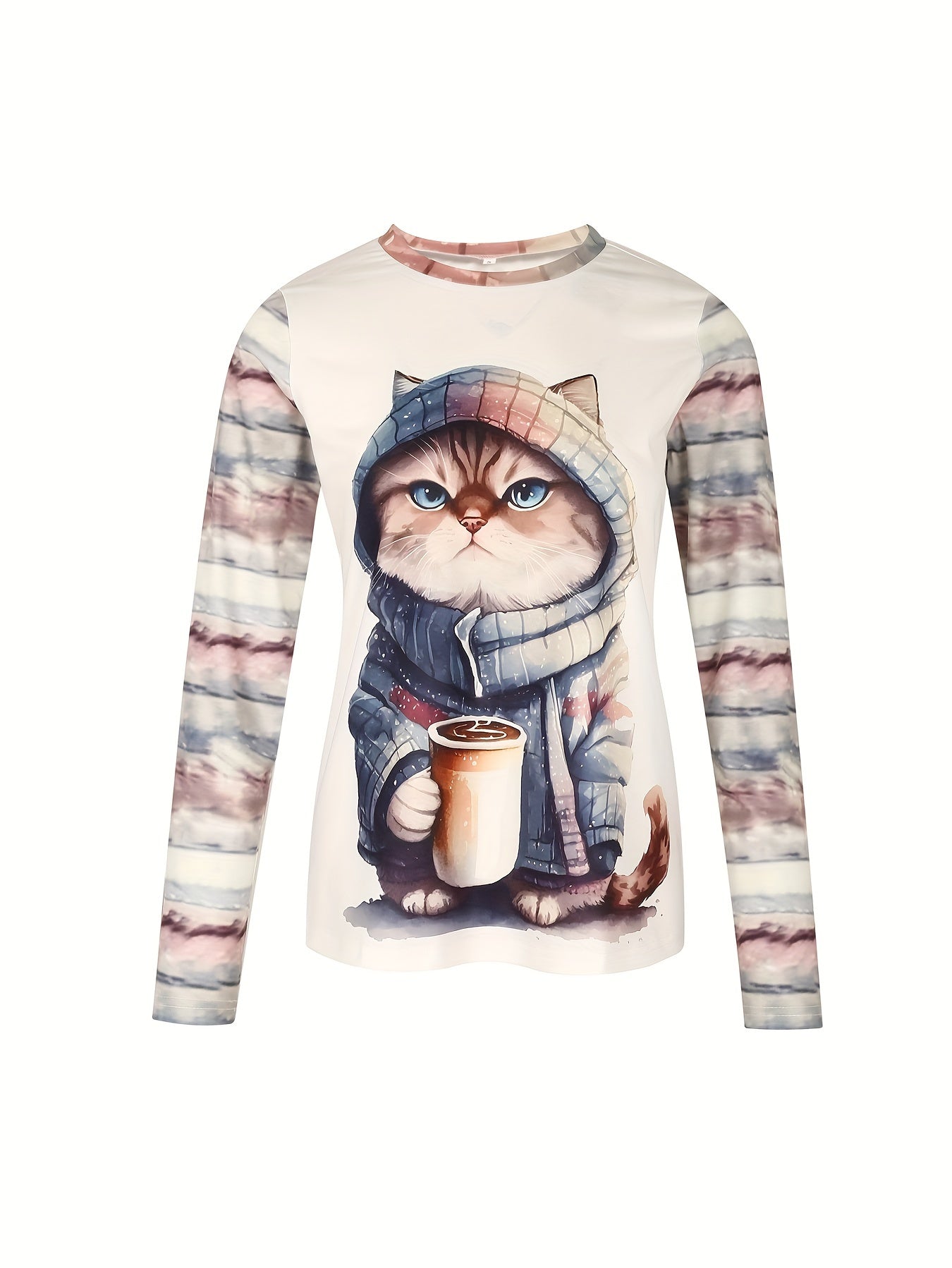Cat Print Crew Neck T-shirt, Causal Long Sleeve Top For Spring & Fall, Women's Clothing